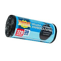Мешки для мусора 120 л, с ушками, черные, в рулоне 30 шт., ПНД, 15 мкм, 1100х700 мм, Крепак, 4607075710375 в Ноябрьске